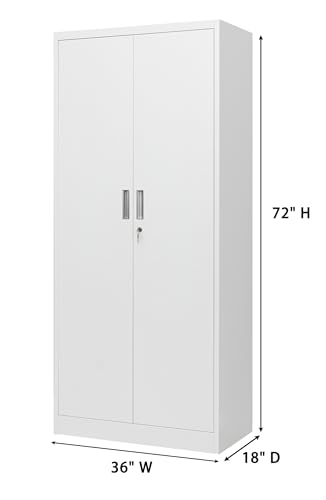 Metal Storage Cabinet, 72" H x 36" W x 18" D Locking Cabinet with Adjustable Shelves, Steel Storage Cabinets for Garage, Home, Office, Pantry (White)