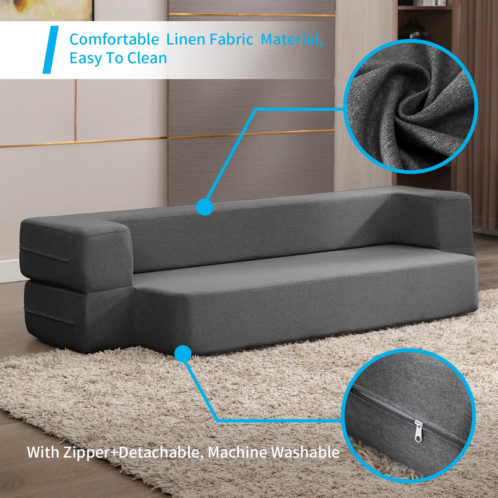 Mjkone Folding Queen Size Sleeper Sofa Bed,Convertible Couch Bed,Floor Foam Mattress, Linen Fabric