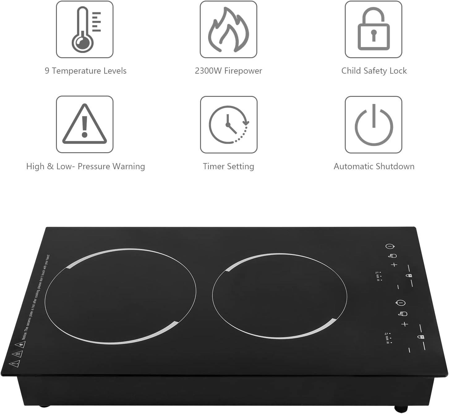 Double Induction Cooktop, Portable Induction Cooker with 2 Burner Independent Control, Ultrathin Body, 9 Temperature