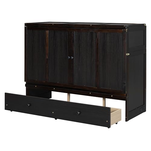 Harper & Bright Designs Queen Size Murphy Bed Cabinet, Solid Pine Wall Bed Chest with USB