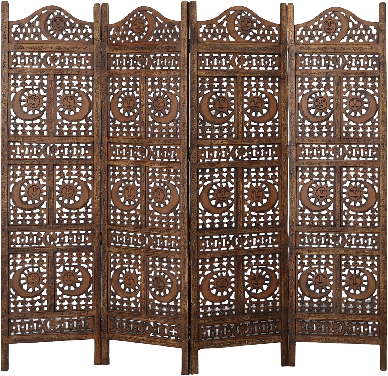 Hand Carved Sun and Moon Design Foldable 4 Panel Wooden Room Divider