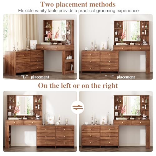 Large Makeup Vanity Desk with Mirror and Lights, Vanity Desk with 8 Drawers & Storage Shelves, Vanity Table with Power Outlet