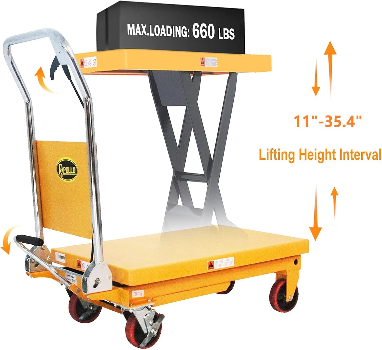 APOLLOLIFT Single Scissor Hydraulic Lift Table/Cart 660lbs Capacity 35.4 Lifting Height