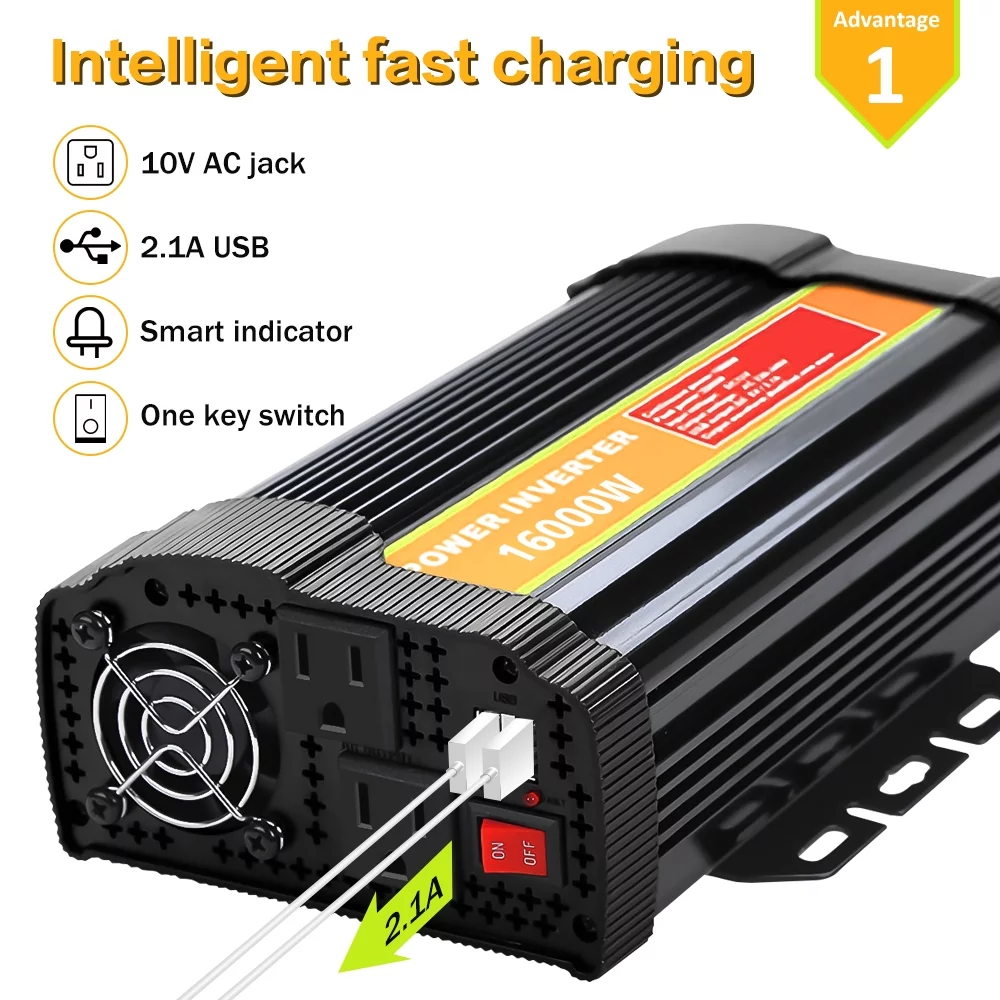 Modified Sine Inverter High Frequency 16000W Peak Power Watt Power Inverter DC to AC Converter Car Power Inverter with 2.1A Dual USB Port