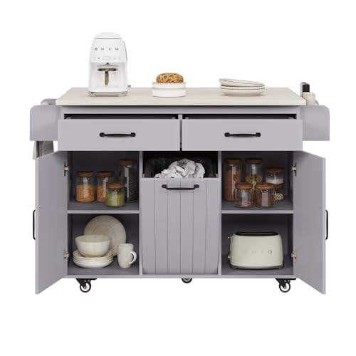 53.5''Farmhouse Kitchen Island with Power Outlet,Storage Cart W/Drop Leaf/Spice Rack/Drawer,Rolling KitchenCart on Wheels,for Home,Dining Room,White