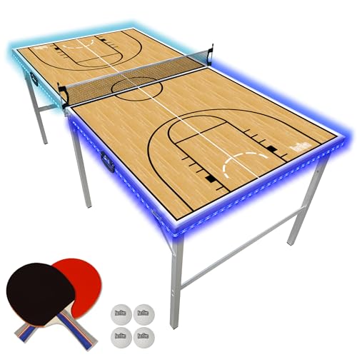 PartyLife 6 ft x 3 ft Ping Pong Table Tennis Table | Mid-Size Portable Folding Indoor Outdoor Ping Pong Table Tennis Table w/Optional LED Lights |