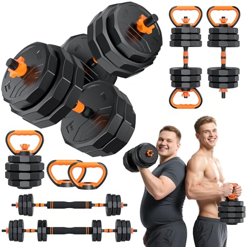5-in-1 Adjustable Dumbbell Set, 33/44/66/88lbs Free Weights Set with Connector, Used as Kettlebells, Barbell, Push up Stand, Standard 1" Plates