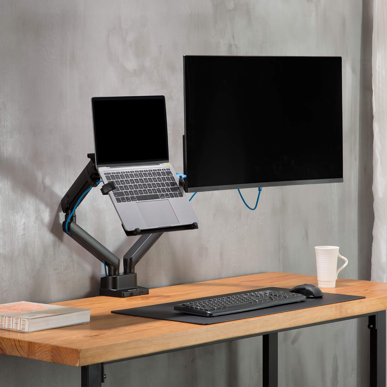 AVLT Laptop and Monitor Arm - Mount 15.6" Notebook and 32" Monitor on 2 Full Motion Adjustable Arms
