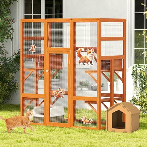 COZIWOW 70Inches Large Stable Spacious Wooden Catio Outdoor Cat Enclosure with Perches and Condos, Cat Cage Indoor with Waterproof Roof