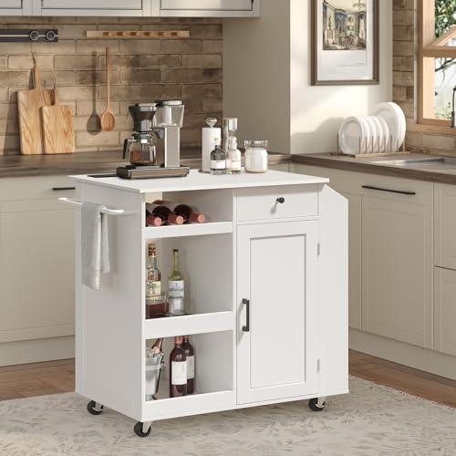 Kitchen Island with Power Outlet, Kitchen Storage Island with Drawer, Rolling Kitchen Cart on Wheels, Spice Rack, Towel Rack, Wine Rack