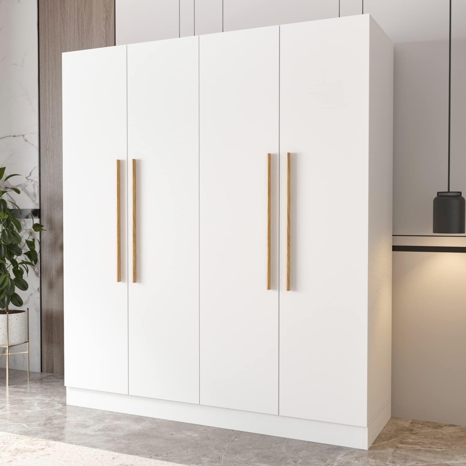 Modern Freestanding Solid Wood Wardrobe Closet with Storage Shelves White Glam MDF Finish