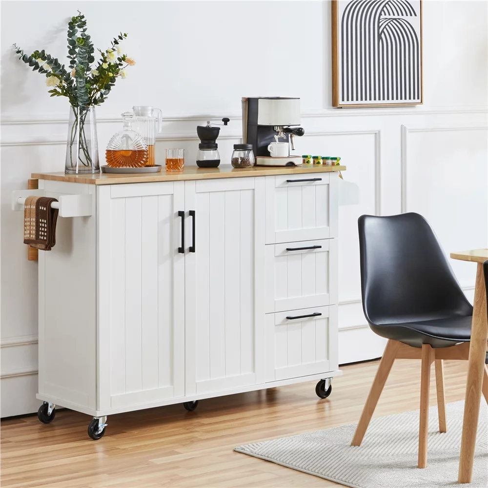 Yaheetech Rolling Kitchen Cart Kitchen Island with Wood Top and Drop Leaf Breakfast Bar,White