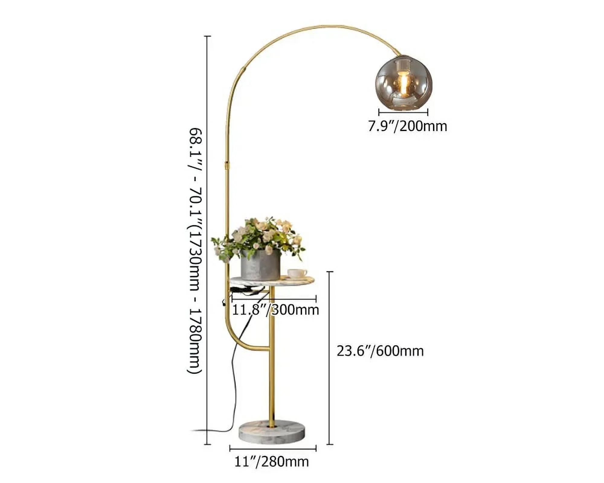 Homary Modern Arc Floor Lamp with Shelf & Wireless Charger & USB Charging Port