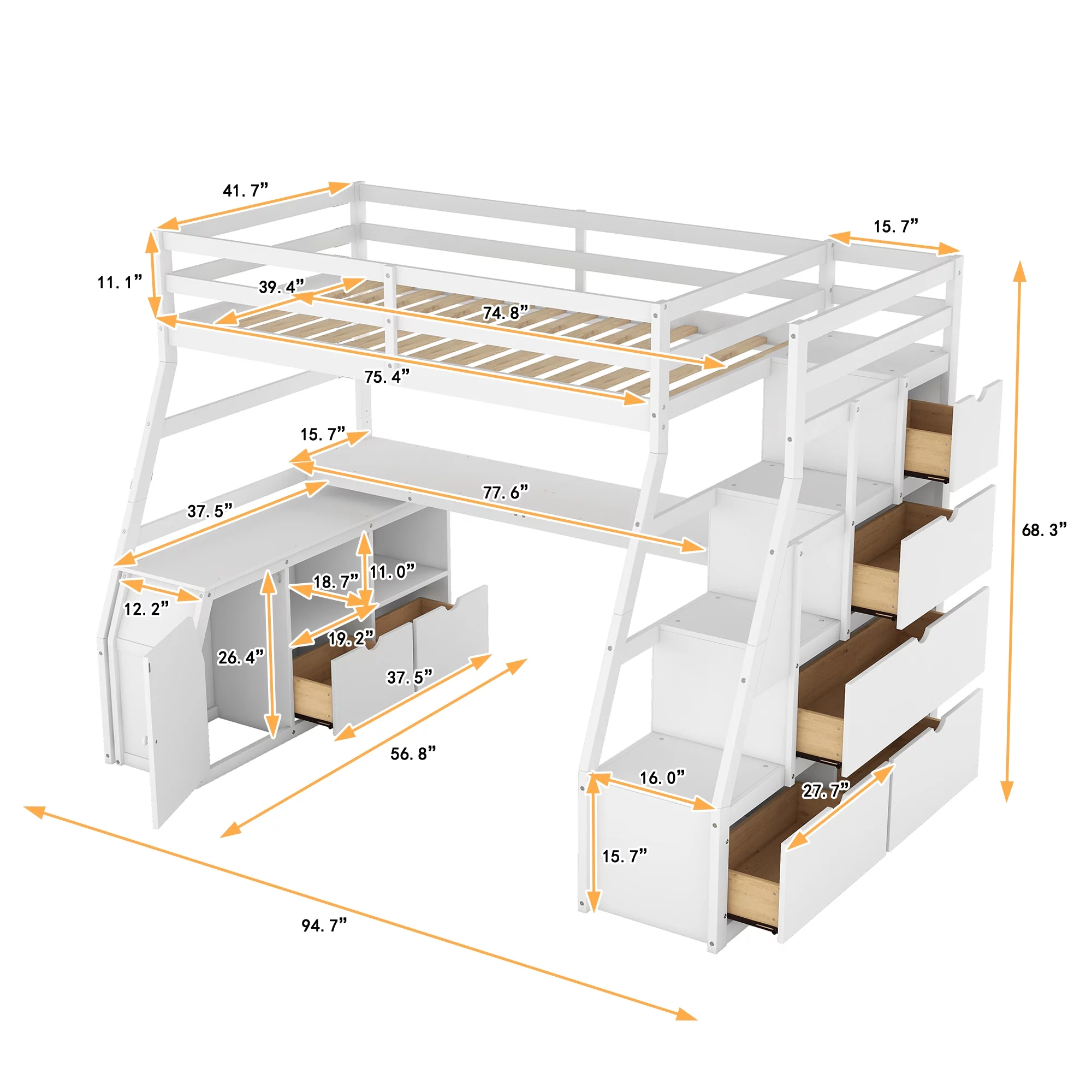 Twin Size Loft Bed Frame with 7 Drawers 2 Shelves and Desk, Health and Comfort Storage Shelves and Writing Desk, Wooden Loft Beds with Stairway