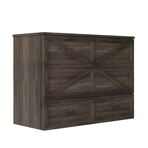 Queen Size Farmhouse Murphy Bed Cabinet with Charging Station, Foldable Platform Bed Frame with 2 Storage Drawers