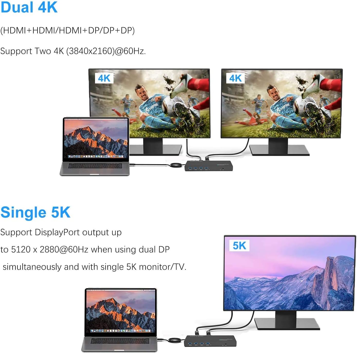 WAVLINK USB 3.0 Universal Laptop Docking Station,USB C to 5K/ Dual 4K @60Hz Video Outputs Dual Monitor for Windows and Mac,(2 HDMI & 2 DP