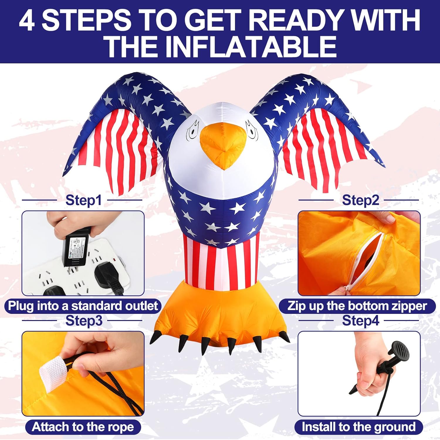 6 ft 4th of July Inflatable Decoration Patriotic American Inflatable Eagle with Built-in LED Light and Blower