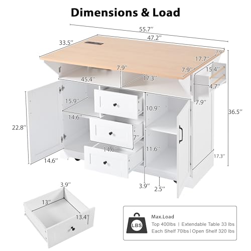 55.7'' Large Kitchen Island with 2 Drop Leaf, Rolling Kitchen Cart on 5 Wheels with Power Outlet