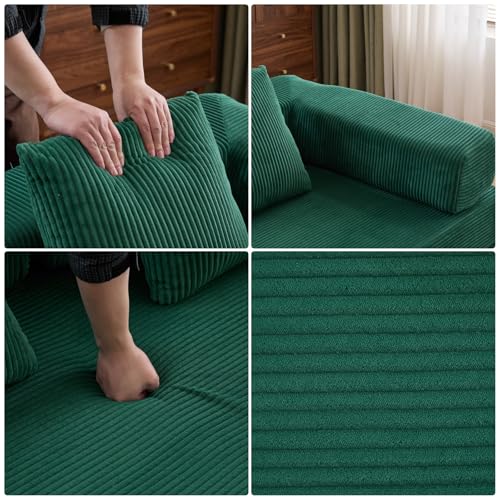 Compression Floor Sofa Bed, Convertible Foldable Sofa with Support Backrest and Armrest, Corduroy Fabric Modular Sectional Couch with 2 Pillows