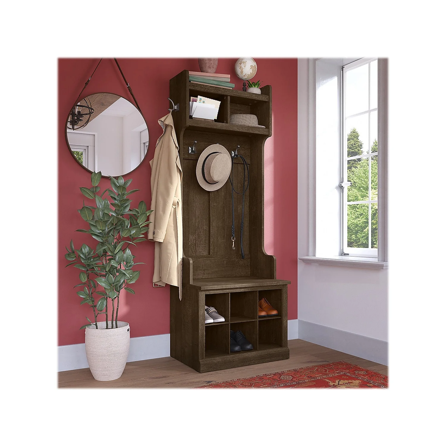 Woodland 24W Hall Tree & Shoe Bench w/ Shelves in Ash Brown - Engineered Wood