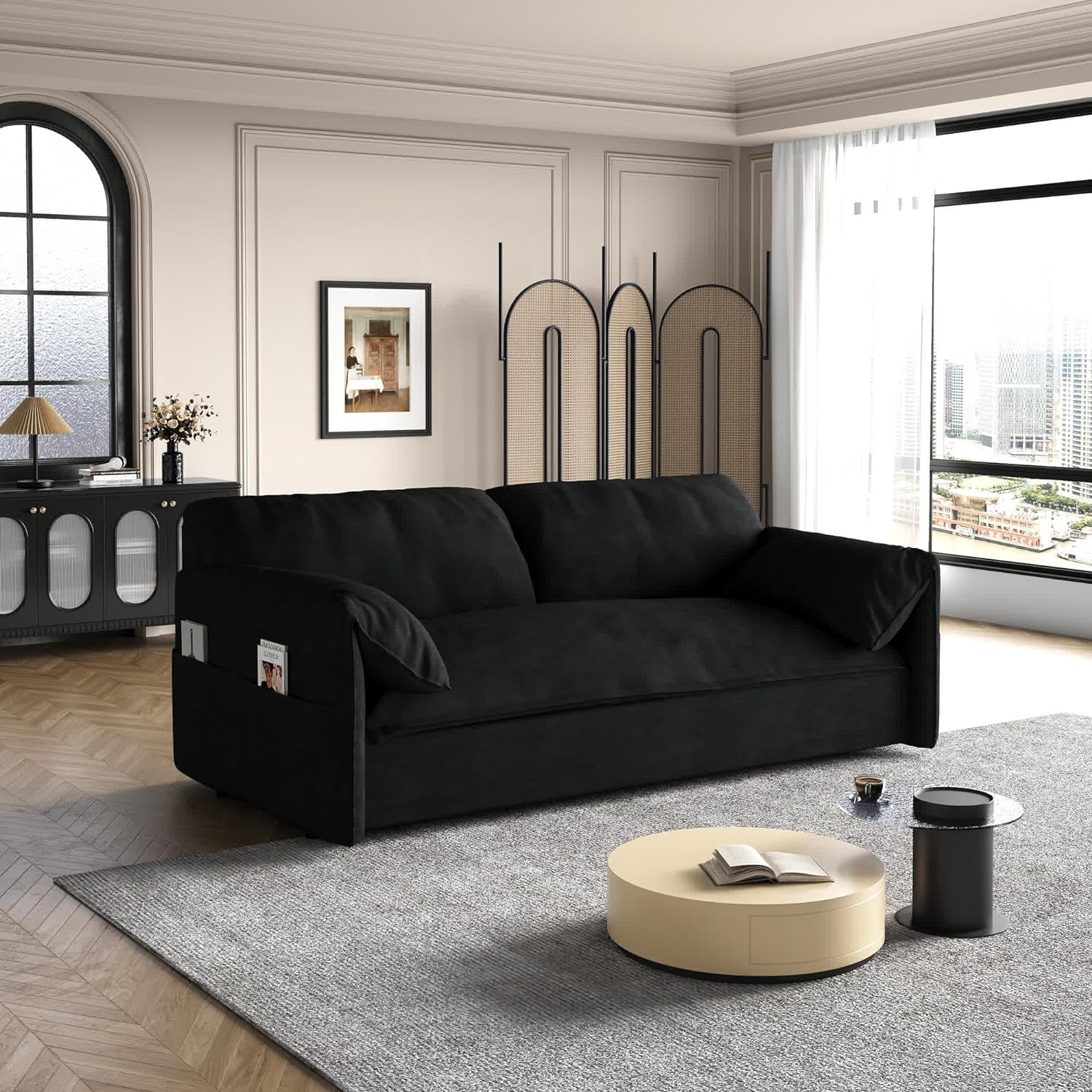 Tabaray 63.8" Futon Sofa Bed Queen Size, Pull Out Bed, 3-in-1 Convertible Sleeper Sofa with Side Pocket, Modern Velvet Futon Couch for Living Room