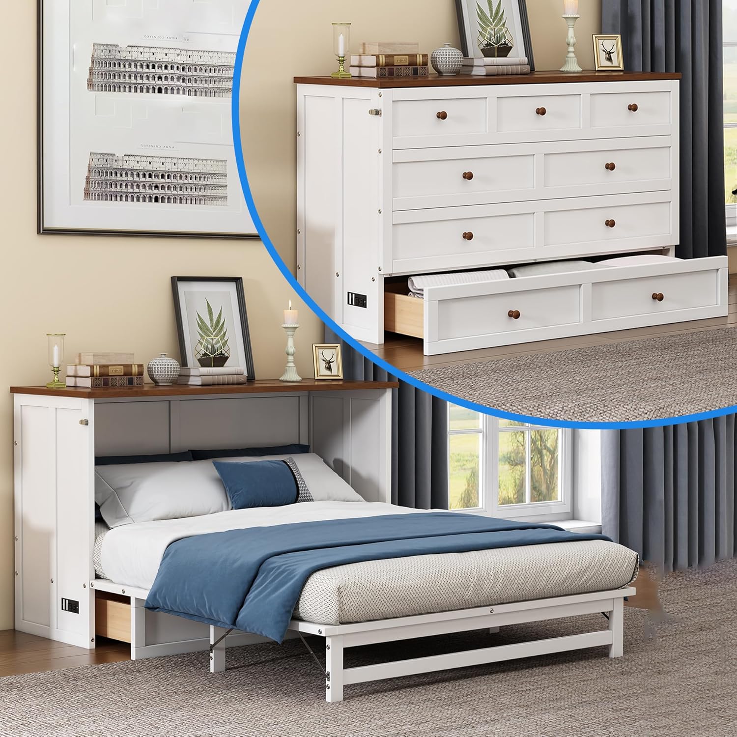 Queen Murphy Bed Queen Murphy Cabinet Bed with Storage Drawers, Murphy Bed with Charging Station, Wood Murphy Bed Cabinet Bed