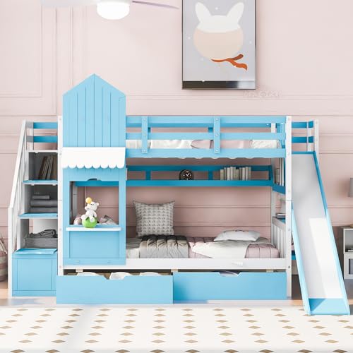 Harper & Bright Designs Twin Over Twin Bunk Bed with Stairs and Slide, Solid Wood Bunk Bed Frame with Storage Drawers and Bookshelf