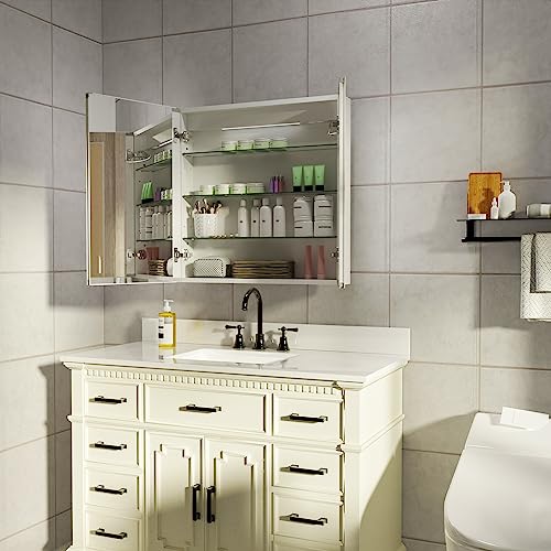 Lighted Medicine Cabinet with Mirror, 36" x 30" LED Medicine Cabinet Mirror for Bathroom with Built-in High-Power Outlet, Stepless Dimming & Defog