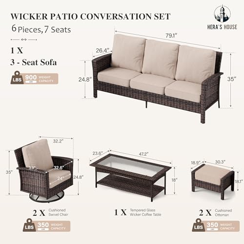 HERA'S HOUSE High Back Patio Furniture Set with Swivel Chairs, Outdoor Wicker Conversation Sets with 5.5" Comfy Cushions, 4 Piece Outside Sofa Sets