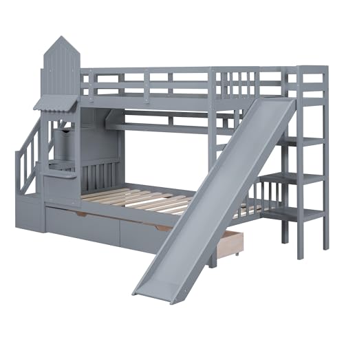 Harper & Bright Designs Twin Over Twin Bunk Bed with Stairs and Slide, Solid Wood Bunk Bed Frame with Storage Drawers and Bookshelf