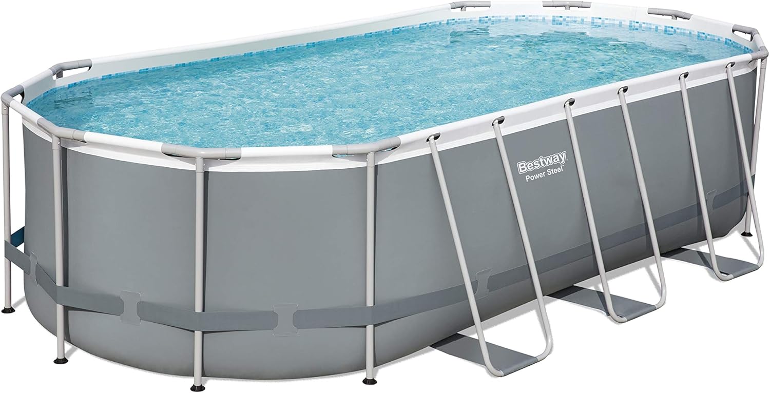 Bestway 56711E Power Steel 18' x 9' x 48 Outdoor Oval Frame Above Ground Swimming Pool Set with 1500 GPH Cartridge Filter Pump, Cover, & Ladder, Gray