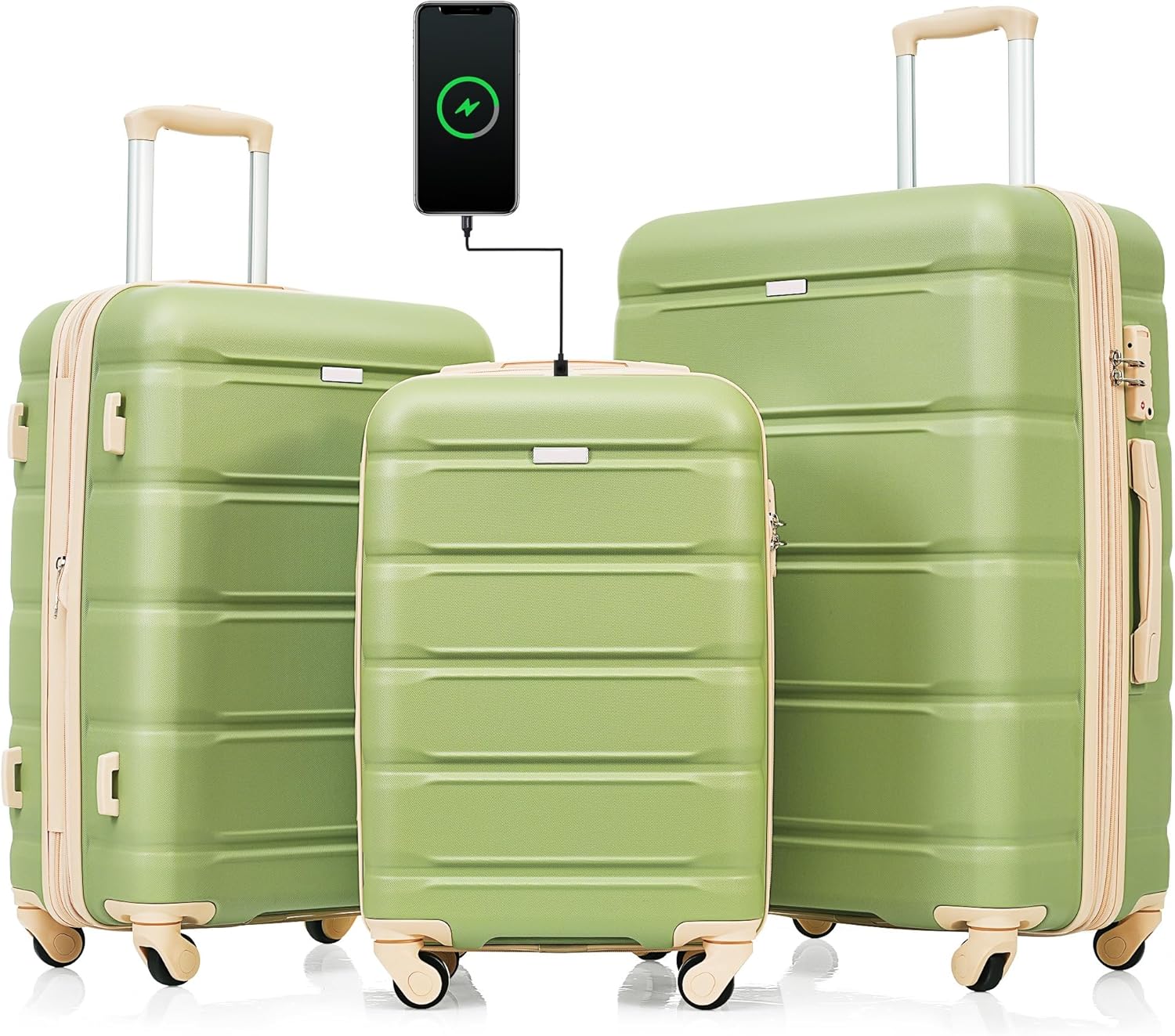 Merax Luggage Set of 3, Travel Suitcase with USB Port, Airline Certified Carry-on Luggage with Cup Holder, ABS Hard Shell Luggage with Spinner Wheels