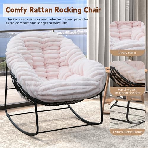 Outdoor Indoor Rocking Chair, Patio Wicker Egg Chair, Indoor & Outdoor Comfy Oversized Papasan Chair with Padded Cushion