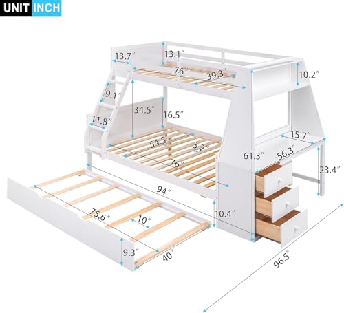 Twin Over Full Bunk Bed with Desk and Trundle, Wooden Bunk Beds Twin over Full Size with Storage Drawers and Shelf