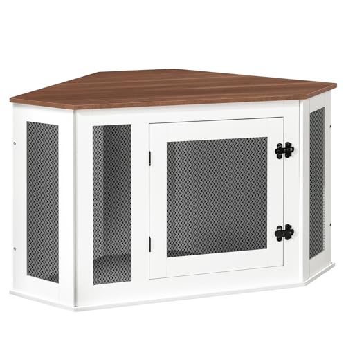 Corner Dog Crate Furniture, Wooden Dog Kennel End Table, Decorative Pet Crate Indoor Use, Furniture Style Dog House for Small Medium Dog