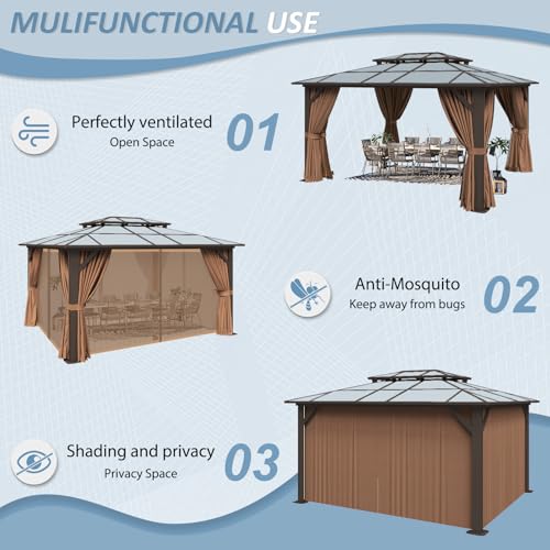 Aoxun 12'x14' Hardtop Gazebo, Aluminum Frame Permanent Pavilion with Curtains and Netting, Outdoor Polycarbonate Double Roof Canopy