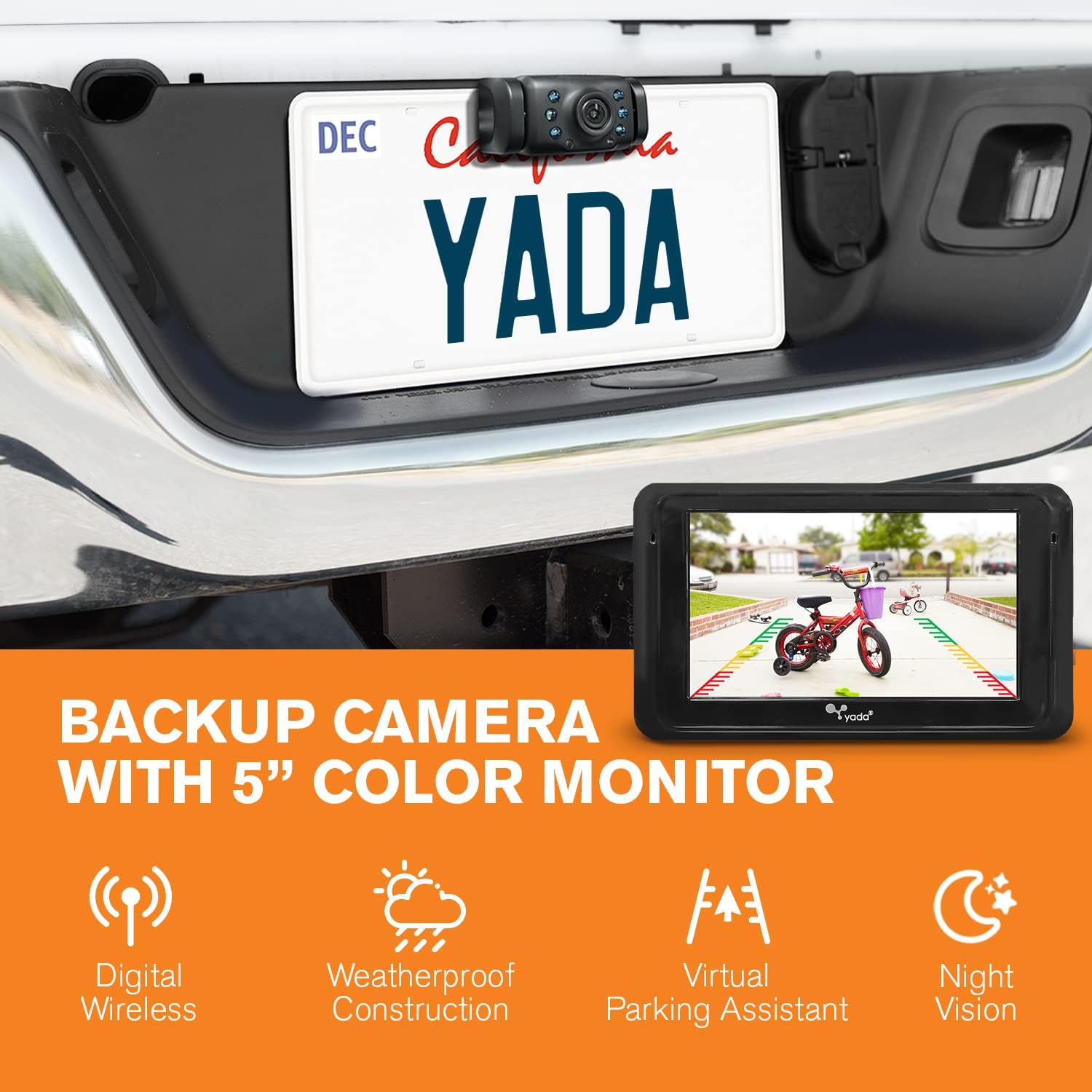 YADA | Vehicle Backup Camera Expandable System, 5 Dash Camera, Adjustable Rear View Car Monitor, Digital Wireless, Waterproof, Night Vision