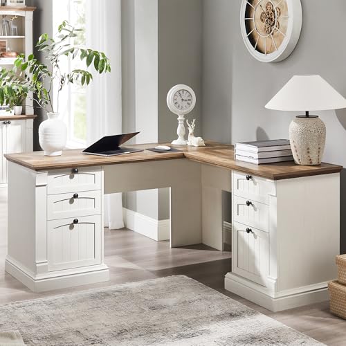 OKD 60" Executive Desk with Drawers, Farmhouse Home Office Desk with Charging Station, Keyboard Tray, File Cabinet Storage