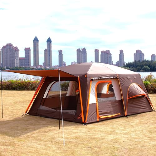 KTT Extra Large Tent 10-12-14 Person(Style-B),Family Cabin Tents,2 Rooms,3 Doors and 3 Windows with Mesh,Straight Wall,Waterproof,Double Layer