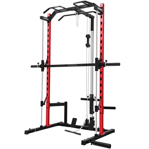 OPPSDECOR Power Cage, Multi-Function Power Rack with Adjustable Cable Pulley System, Squat Rack with Pull-up Bar, J-Hooks