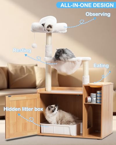 Hey-brother Cat Tree with XL Litter Box Enclosure, All-in-one Cat Tower for Indoor Cats with Large Hammock, Bed, Food Station, Scratching Posts