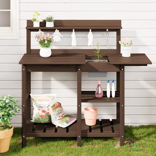 SERWALL Potting Bench Outdoor Potting Table with Sink, HDPE Potting Benches for Outside Gardening Table All Weather Use- Black