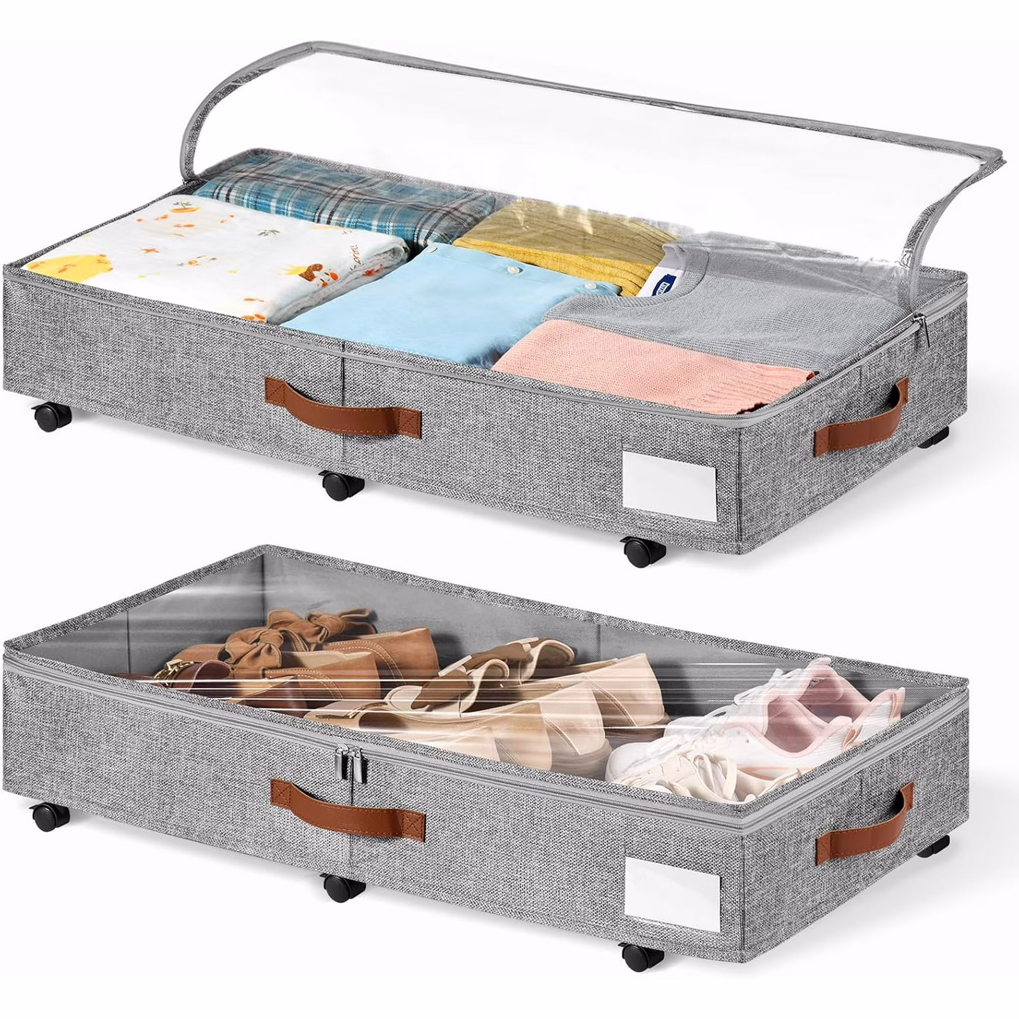 6 Inches Under Bed Storage with Wheels Pack of 2, Underbed Shoe Storage Container Bin with Clear Lid Cover