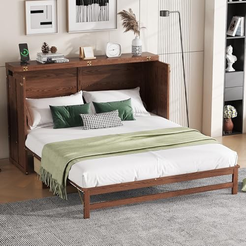 KEIKI Queen Size Cabinet Murphy Bed with Charging Station and Drawer, Multiple Storage Foldable Hideaway Wall Murphy Bed Frame with Solid Slat