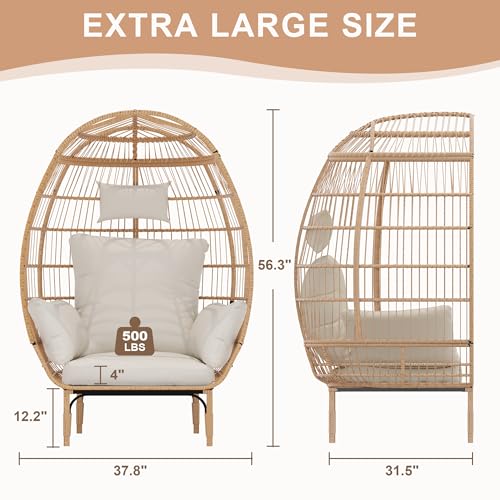 500 Lbs Capacity Oversized Wicker Egg Chair, All-Weather Rattan Egg Lounge Chairs for Patio, Backyard, Living Room
