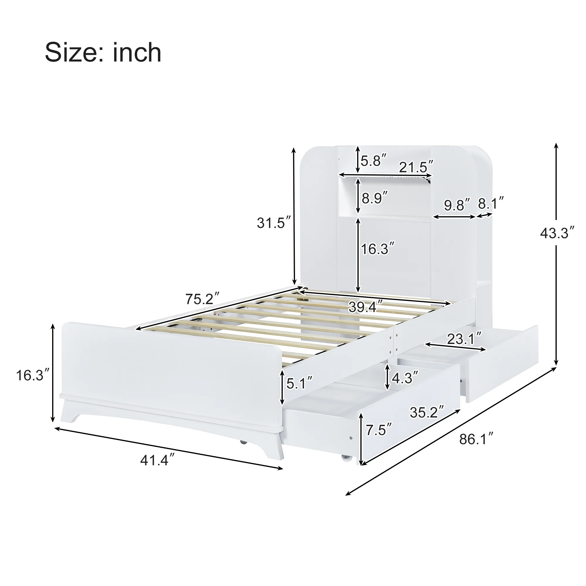 EUROCO Wood Twin Size Platform Bed with Storage Headboard and 2 Drawers, Open Shelf and LED Light for Kids Teens Adults, White