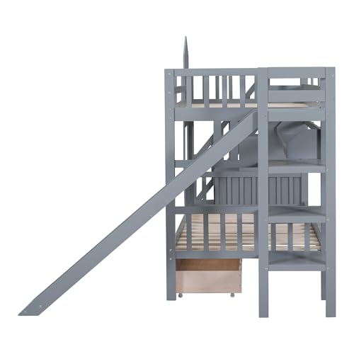 SOFTSEA Twin Over Twin Bunk Bed with Slide and Storage Solid Wood Bunk Bed Frame with Staircase and Drawers, Pink
