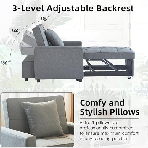 Sofa Bed Chair Convertible ，Sleeper Sofa with Pull-Out Bed ，3-in-1 Futon Couch with Reclining Backrest and Side Pocket (Blue, 35.6‘)