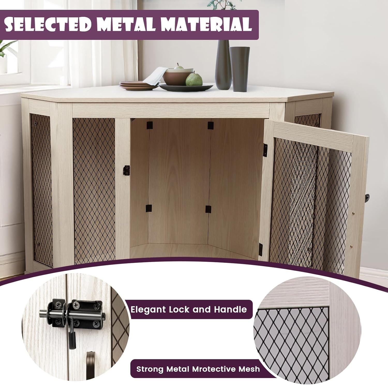 OFIKA Corner Dog Crate Furniture, Wooden Corner Dog Kennel Side End Table with Metal Mesh