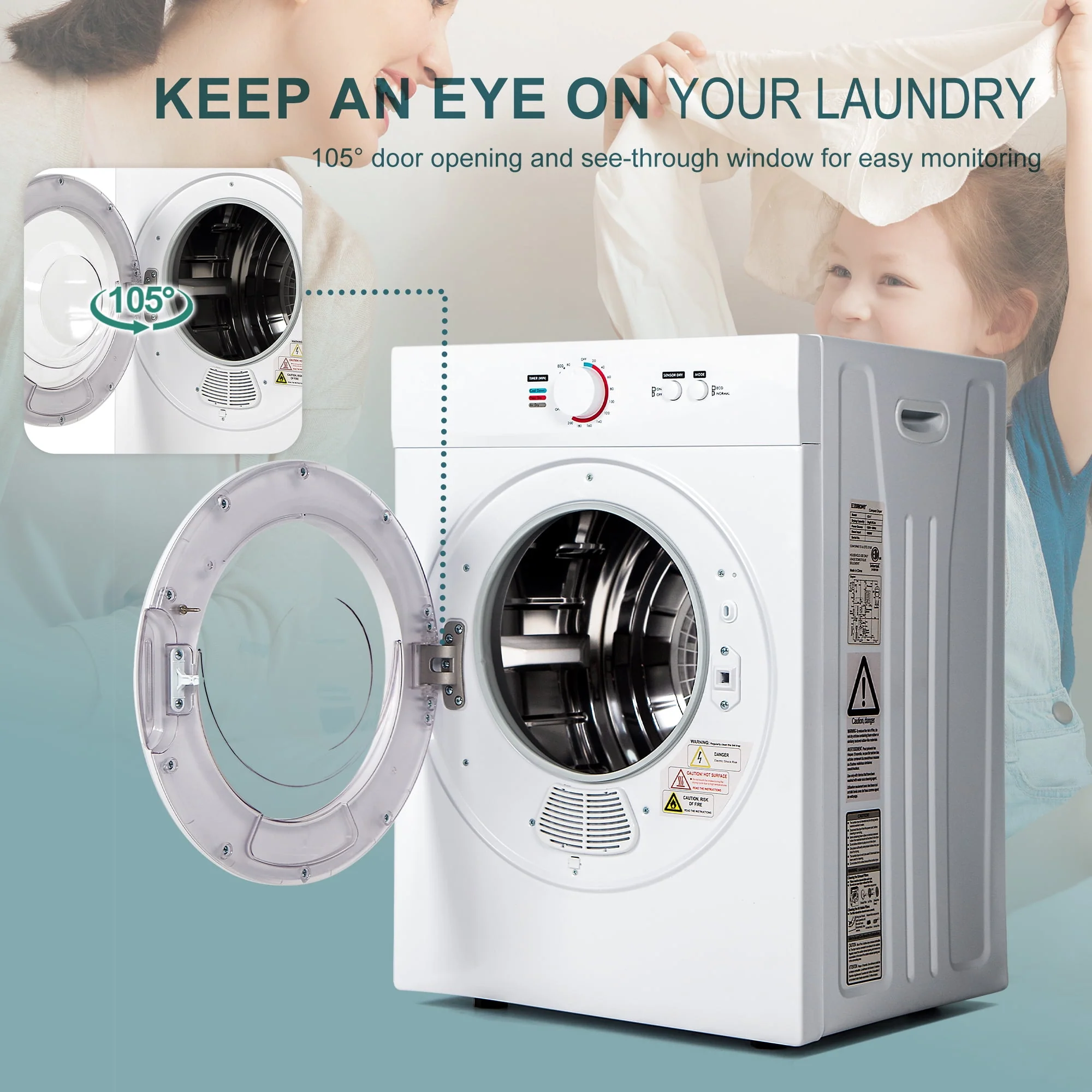 Simzlife 1.6 Cu. ft. Portable Clothes Dryer, Electric Laundry Dryer Machine, 19.5 in W, 23.6 in H